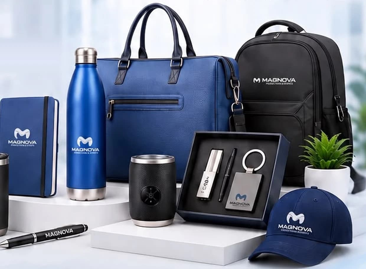 Magnova branded gift collection: bags, bottles, notebooks, caps and gift sets